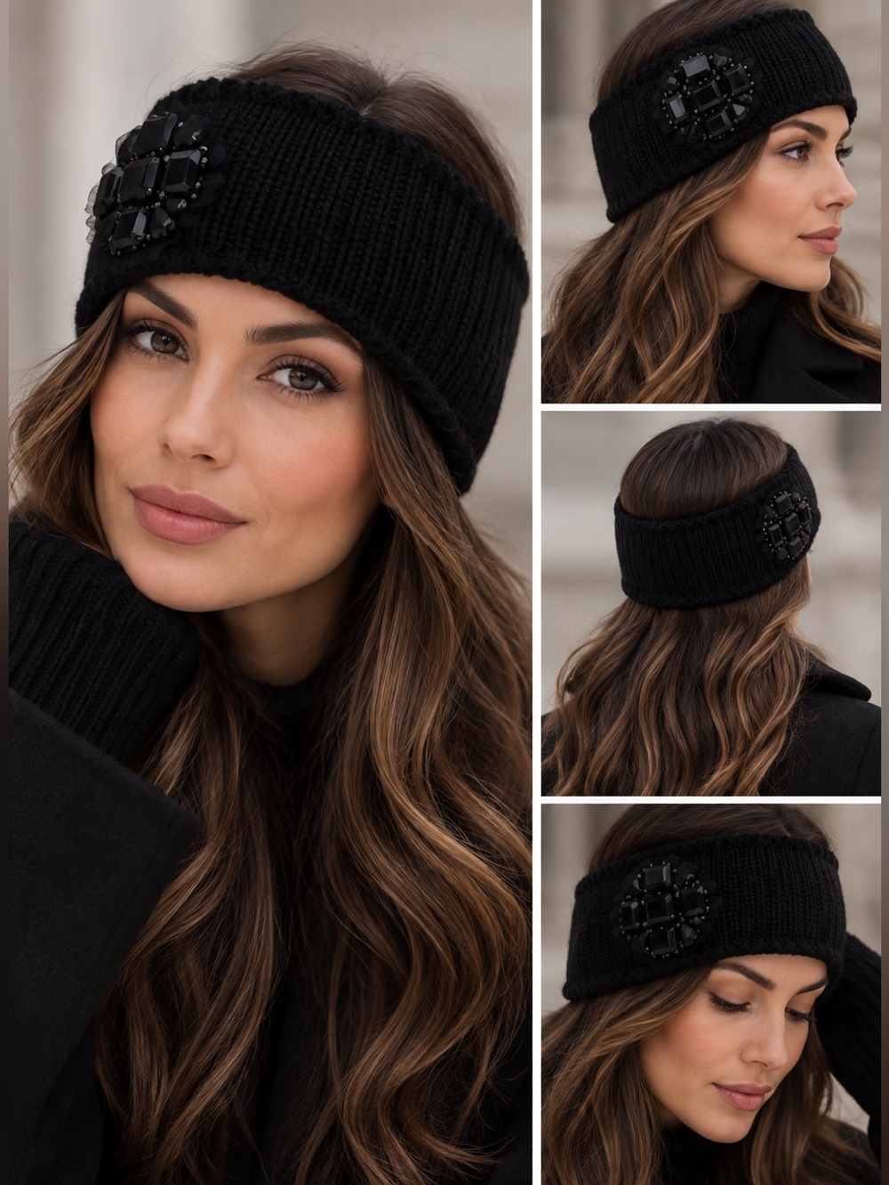 Kenneth Cole Black Jeweled Knit Headband Ear Warmer One Size